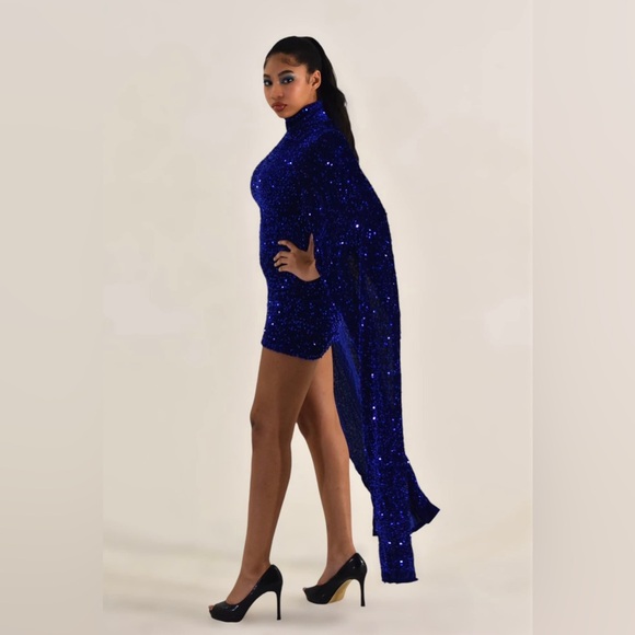 Handmade royal blue sequin dress short with dramatic sleeves size small Fancy By - Picture 4 of 4